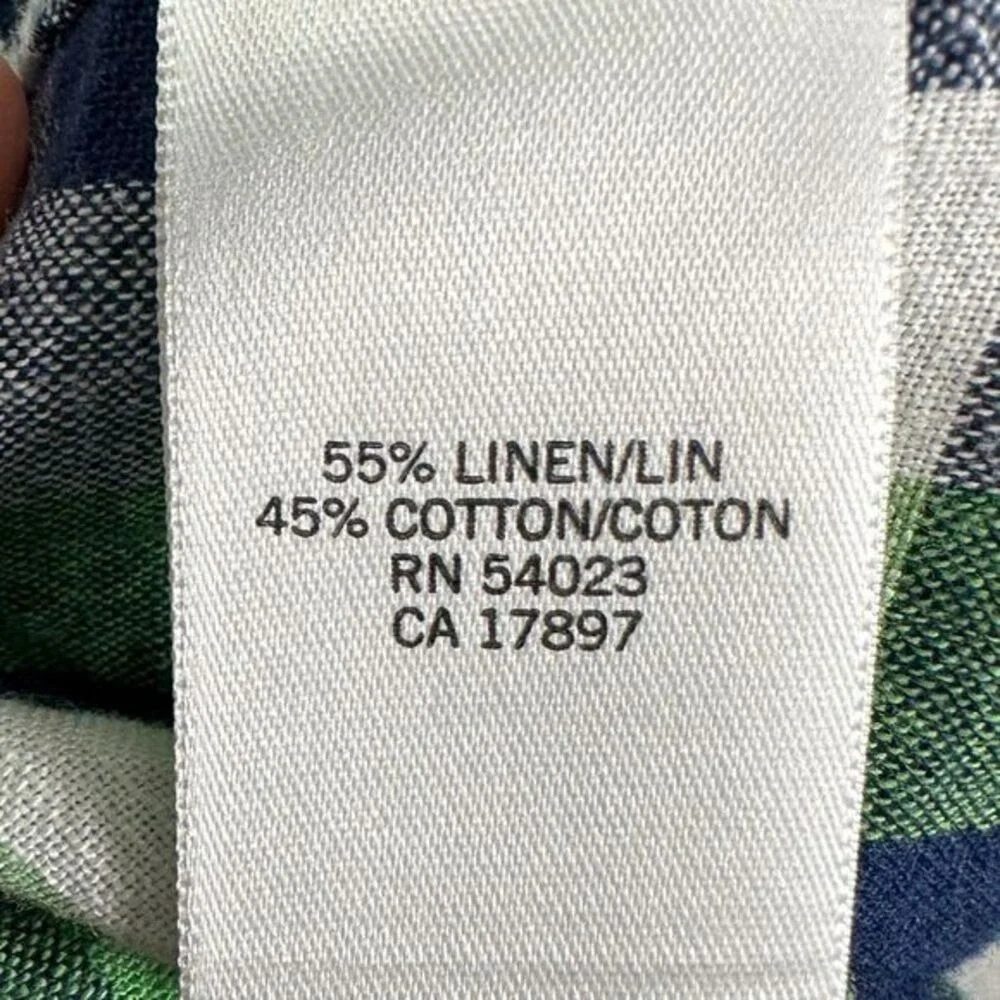 Banana Republic Linen Blend Button Up Shirt Adult Medium Green Navy Plaid Mens
